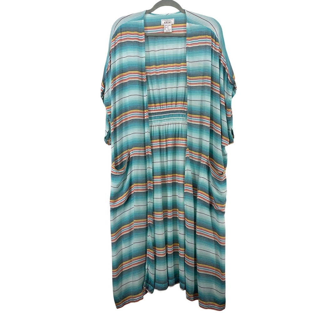 Ariat Size M Josie Kimono Wrap Blue Serape Stripe Smocked Back Pockets Long